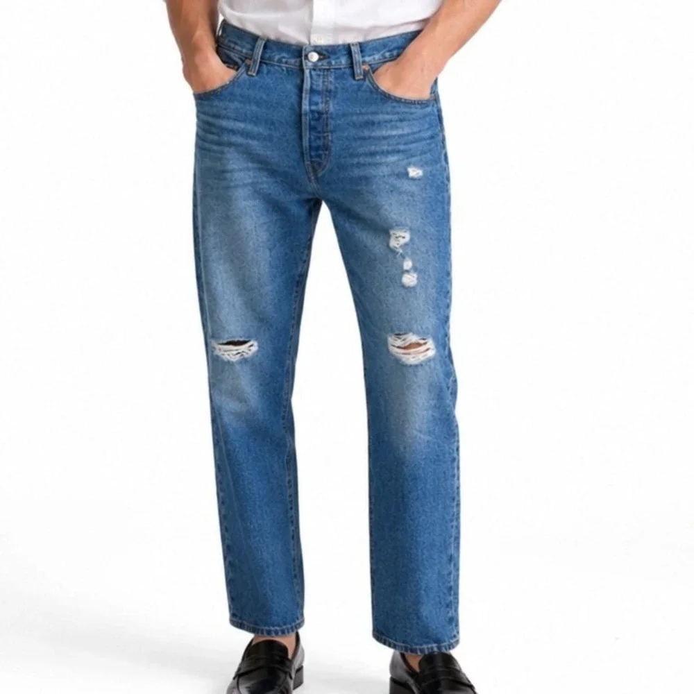 Levis 501 Original Fit Jeans Men 31x30 Blue Distressed Straight Leg Button Fly